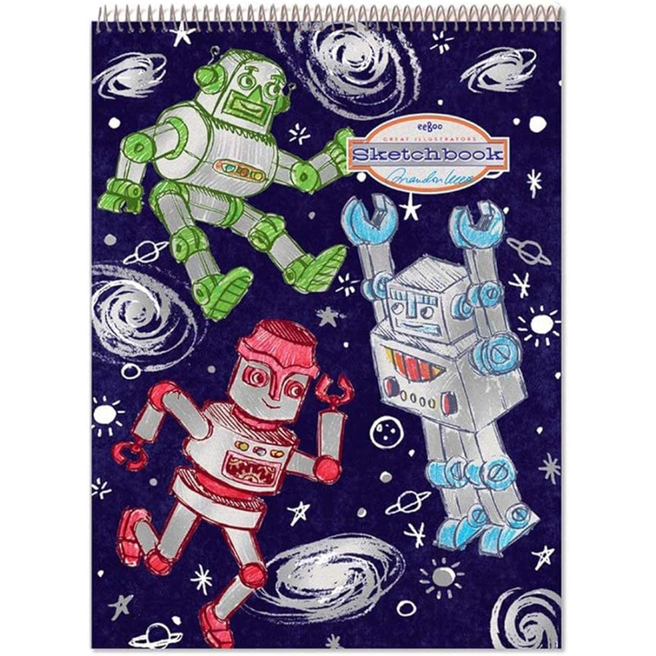 eeBoo Silver Robots Spiral Sketchbook, 8.5" x 11"